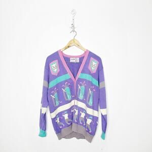 vtg 80s 90s JEAN BELL golf golfer print hand loomed cardigan sweater women's M